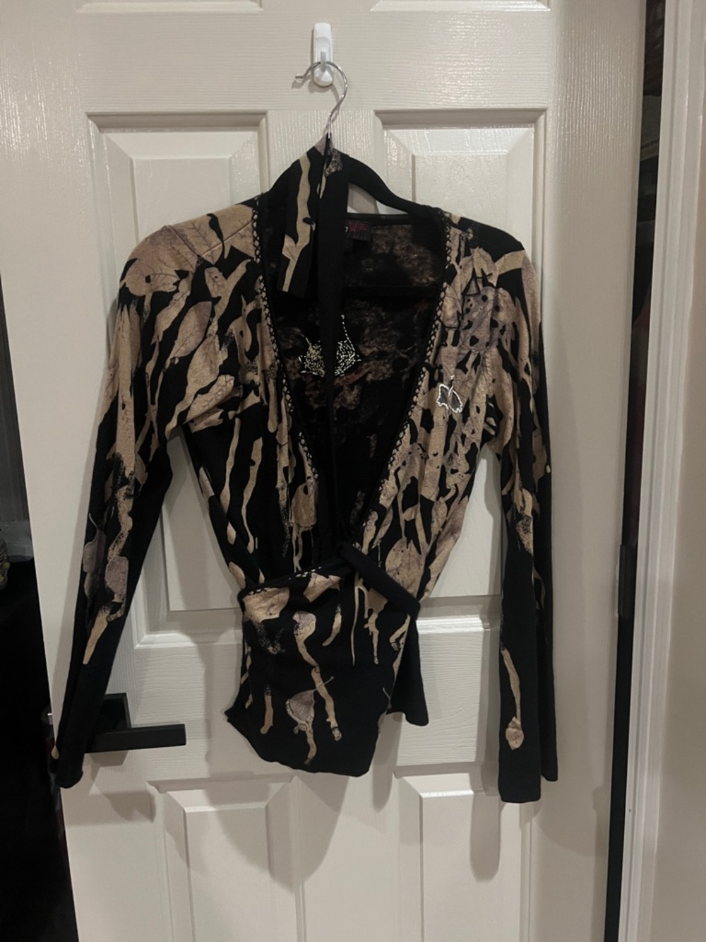 Black and Beige Patterned Wrap-Style Long Sleeve Sweater